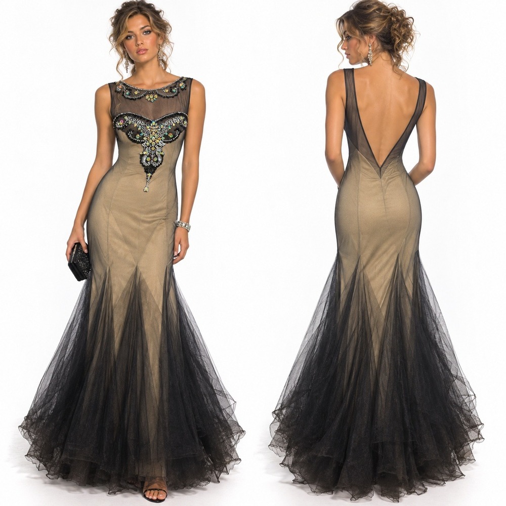 90s Y2K Whimsigoth Formal Gown Dress Black Gold Beaded Mesh Mermaid Sz 7 / 8 M